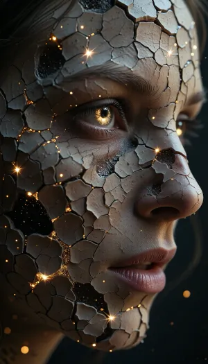 An extreme close-up profile of a person's face, rendered in a highly textured, almost geological style. The skin appears cracked and dry, like baked earth, with intricate fissure patterns covering the surface. Embedded within these cracks and across the entire face are numerous tiny, glittering golden sparks, resembling stars or cosmic dust. The eye is prominent, with a reflective surface that catches a bright, warm light, creating a luminous glow. The lighting is dramatic, with strong highlights and deep shadows that emphasize the texture and form of the face. The overall aesthetic is surreal, ethereal, and somewhat melancholic.

Style, Dark fantasy, cosmic horror, photorealistic, hyperdetailed, cinematic lighting.
Quality, Masterpiece, best quality, 8k, ultra-detailed, intricate details, sharp focus, volumetric lighting, dramatic contrast.