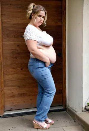 Masterpiece, highly detailed, high quality, full body photoshoot, hdr, 4k, Hairy, unshaven, Fat, loose, obese, cellulitic, soft, very saggy, elderly blonde and brown haired granny with an unpleasant face, short wavy ponytail haircut, ghst, artstyle, wide waist . Platform sandal, <lora:SDXL1.0-LoRa_Zeitgeist-Ghibli-Style_by-AI_Characters-v2.0:.5>, wearing blue jeans and white blouse