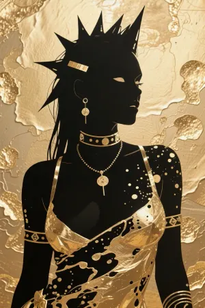 a beautiful punk woman, silhouette with gold foil, minimalist flat art