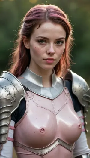 beautiful sexy slender young lady, hot sweaty pale white skin, kind soft, flirty eyes, flirty smirk, freckles, brunette with pink highlights, beast tamer armour