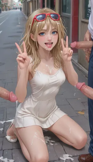 1girl, solo focus, full body, stunning blonde with red streaks, long messy hair, blue eyes, heavy eyeliner, shiny pink lipstick, wide bright smile, cheerful expression, looking at viewer, kneeling on the sidewalk, sucking multiple cocks, double blowjob with one cock in mouth, surrounded by 7 men, extreme public bukkake, many men cumming hard on her, thick cum covering her face, cum in open smiling mouth, cum on tongue, cum dripping from chin, heavy facial, cum on hair and breasts, both hands raised making victory signs ✌️✌️, double peace signs, mini light summer dress completely pulled down, big exposed breasts glazed with semen, dress ruined and stained, sunglasses on head, high heels, sunny summer afternoon city street, 2.5D anime style, vibrant colors, glossy cum details, sharp lines, <lora:outline_xl_kohaku_delta_spv5x:1.3>, <lora:NEOTOKIOXL_0.2_RC:.8>, <lora:Ppolar-P3v1-NbVp10:.75>, <lora:cartoon_stickers_xl_v1:.5>