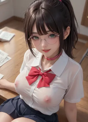 18yo, Adult female college student, curvy petite girl, natural black hair, ponytail bang hair, High angle view, submissive girl sitting on table leg lift, leg spread, semi-shiny skin, begging eye, large boobs, pink nipples, wear pink collar, innocent eyes gazing up with innocent smile, large pert breasts, green eyes with glasses, cute round glasses, transparent school uniform, see through school uniform, happy smile show her teeth, <lora:Asian_Beauty XL:.8>, no, bra, covered, nipples, <lora:nobrav1_SDXL:.8>