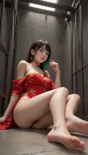 Perfect human biology anatomy, Chinese woman, locked in a cage, caged, bars, prison, Wearing a Chinese traditional qipao, thigh, knees, off shoulder, one breasts, being for help, helpless, nostalgic vibe, dim lights, low light, multi colored hair, gradient color tone hair, cinematic view, laying on floor, side, bare feet, low angle view, ass