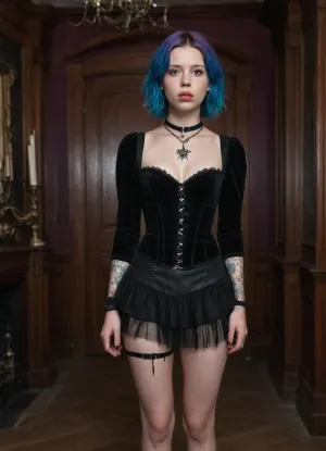 Full body shot, 23 year old british woman, goth style, Electric blue hair with purple streaks falls past her shoulders in loose, deliberately messy waves, Soft heart-shaped face, large brown eyes, small button nose, full lips with pronounced cupid's bow, very fair pale porcelain skin, delicate features, Small nose stud, dark eyebrows, Slim build at 5'5" and 92 lbs, small perky breasts, Pale smooth skin with faint tan lines, slim waist, small perky breasts with pink nipples, toned legs, minimal body fat, (sleeve tattoos down both arms), Black velvet corset top with lace trim, layered tulle mini skirt, wedge ankle boots with buckles, (terrible for running), pointed witch hat, spiked choker, pentagram necklace, multiple rings, black leather cropped jacket, standing in a haunted mansion, (Mia Goth), 1girl, NightScapes, <lora:Mia_Goth_SDXL_101:.8>, <lora:NightScapes_XL14:1>