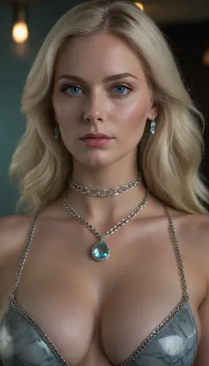 Model, Pale white skin with subtle visible veins, almost white blonde hair, very light blue eyes. Narrow torso that emphasizes the weight of giant, heavy breasts. Attire, A "thong" top made of platinum chains and aquamarine pendants that swing freely over the exposed bust. Details, Polished gray marble setting, overhead lighting creating deep shadows under the bust, focus on the cool sheen of the metal against the warm skin.
