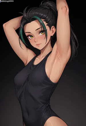 (Markgavatino meets Neocoill style), Cutesexyrobutts style, Cel-shaded, inked lineart, limited color palette, masterpiece, Nemona, (armpit fetish, armpit focus, (extremely detailed armpit:1.5), sweaty armpit), side view, <lora:mk_Bp Anime_xl:1.2>, <lora:lineartSDXL:2>, <lora:EnvyBeautyXL01:2>