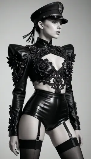 Photorealistic. Professional photography. High-fashion editorial featuring a striking side profile of a model exuding bold confidence and avant-garde style. The model wears a sculptural black top adorned with intricate 3D floral appliqué, creating a dramatic and textured silhouette. latex high-waisted shorts. Garter straps extend from the shorts, connecting to thigh-high sheer stockings that exude an air of daring sophistication. The ensemble is completed with a structured, military-inspired cap with long tassel details that frame the model’s angular features and sharp gaze, directed towards the horizon. The high-contrast black-and-white photograph highlights the interplay of light and shadow, emphasizing the glossy texture of the latex and the matte intricacy of the floral appliqué. The minimalist background keeps the focus on the model's commanding presence and the couture elements of the outfit. perfect cue, cinematic film style, award-winning picture, highly detailed, ultra-high resolutions, 32K UHD, sharp focus, (profile, silhouette, photorealistic:1.5), (Extremely realistic, masterpiece, top quality, official art, best quality, beautiful and aesthetic:1.2), 4k, 8k, very rich details, Sony A7R IV 60MP, Sony FE 50mm f/1.4 GM II Lens, F/8.0
