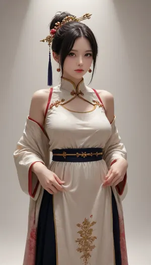Masterpiece, best quality, ultra-detailed, character design, game sprite, standing pose, solo, 1girl, traditional Chinese clothes, Hanfu, flowing silk robes, intricate embroidery, long black hair, ancient hair bun, jade hairpin, delicate facial features, gentle expression, soft lighting, cinematic lighting, white background, simple background, 2D, anime style, cel shading., GiganticBreatsXL, gigantic, breasts, huge, onoff, <lora:GiganticBreastsXLv1:1>, <lora:OnoffXL_ExtraCrispy:2>