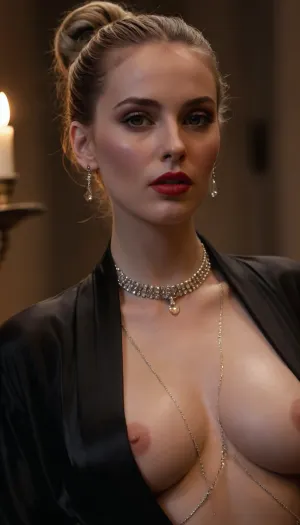 Model, Predatory gaze, full lips with colorless gloss, (wet effect), hair tied in a loose bun large breasts. Attire, Only a black silk robe open to the navel, underneath, a diamond body chain that contours the breasts and descends to the abdomen. Details, A ruby ​​choker tightened around the neck, pale skin, candlelight creating deep shadows. Focus on the sparkle of the stones against the warm skin.