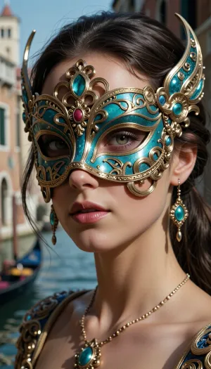 a woman wearing an elaborate mask around her face, in the style of vray tracing, cloisonnism, turquoise and gold, miniature sculptures, impressionistic venice scenes, realistic fantasy artwork, (exquisite detail --ar 35:64), --stylize 750 --v 6