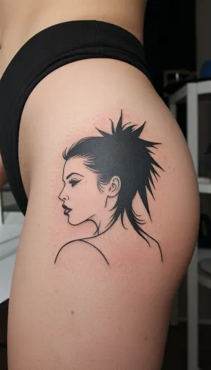 closeup view of woman's outer thigh tattoo, the tattoo is of a beautiful punk woman, silhouette in black ink, minimalist line-art, the woman is wearing simple black panties