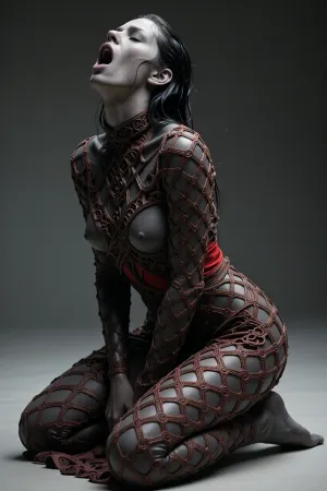 a dark gray sculpture of a woman kneeling, her head thrown back and mouth open in a scream, she is draped in a sheer, intricately patterned reddish-brown net fabric, the fabric clings to her form, revealing a hint of a red garment underneath, her black hair is wet and slicked back, dramatic studio lighting, highly detailed, hyperrealistic, octane render, cinematic, 8k, sharp focus, unreal engine