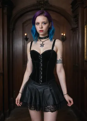 Full body shot, 23 year old british woman, goth style, Electric blue hair with purple streaks falls past her shoulders in loose, deliberately messy waves, Soft heart-shaped face, large brown eyes, small button nose, full lips with pronounced cupid's bow, very fair pale porcelain skin, delicate features, Small nose stud, dark eyebrows, Slim build at 5'5" and 92 lbs, small perky breasts, Pale smooth skin with faint tan lines, slim waist, small perky breasts with pink nipples, toned legs, minimal body fat, (sleeve tattoos down both arms), Black velvet corset top with lace trim, layered tulle mini skirt, wedge ankle boots with buckles, (terrible for running), pointed witch hat, spiked choker, pentagram necklace, multiple rings, black leather cropped jacket, standing in a haunted mansion, (Mia Goth), 1girl, NightScapes, <lora:Mia_Goth_SDXL_101:.8>, <lora:NightScapes_XL14:1>
