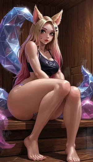 (innv meets jack cayless style), reiq style, masterpiece, cel-shaded, limited color palette, ((beautiful muscles sexy K/DA Ahri from League of Legends body)), 1girl, solo, alone, (big curves body), (seductive face, blond hair, perfect breast, perfect muscles, perfect legs, perfect ass, perfect feet, looking erotic), ((fur rode), (K/DA tank top), (fur panties)), (seductive pose), (inside, sauna, steam, hotel), ultraviolet light, fine_ascxl, anime, screencap, LoL, Style, (league, of, legends\), Ahri, <lora:LCMTurboMix_Euler_A_fix:1.2>, <lora:EnvyCuteXL01v12:1.2>, <lora:EnvyAnimeDigitalPaintingXL01:1.1>, <lora:Anime_Screencap_Enhancement-v1:1.3>, <lora:Ahri:2>