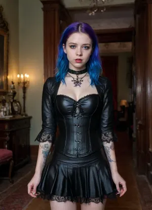 Full body shot, 23 year old british woman, goth style, Electric blue hair with purple streaks falls past her shoulders in loose, deliberately messy waves, Soft heart-shaped face, large brown eyes, small button nose, full lips with pronounced cupid's bow, very fair pale porcelain skin, delicate features, Small nose stud, dark eyebrows, Slim build at 5'5" and 92 lbs, small perky breasts, Pale smooth skin with faint tan lines, slim waist, small perky breasts with pink nipples, toned legs, minimal body fat, (sleeve tattoos down both arms), Black velvet corset top with lace trim, layered tulle mini skirt, wedge ankle boots with buckles, (terrible for running), pointed witch hat, spiked choker, pentagram necklace, multiple rings, black leather cropped jacket, standing in a haunted mansion, (Mia Goth), 1girl, NightScapes, <lora:Mia_Goth_SDXL_101:.8>, <lora:NightScapes_XL14:1>