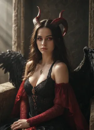 Majestic demon queen Lilith, long flowing dark hair, elegant black curved horns, glowing crimson eyes, wearing a dress made of shadows and obsidian jewelry, large black feathered wings, sitting on a dark stone throne, underworld background, cinematic lighting, dark fantasy art, highly detailed, 8k resolution., Close-up portrait of the demon Lilith, captivating and intense gaze, subtle black scales on her cheekbones, sharp black fingernails, dark makeup, smoky background with faint occult symbols, moody lighting, chiascuro photography, 35mm lens, realistic.
