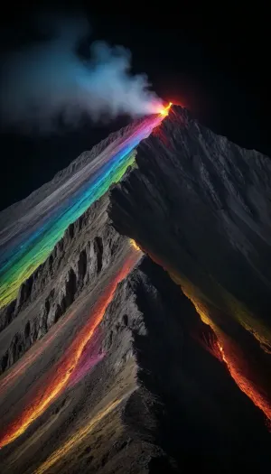 black background, mountain wall is illuminated from above by a beam of many colors