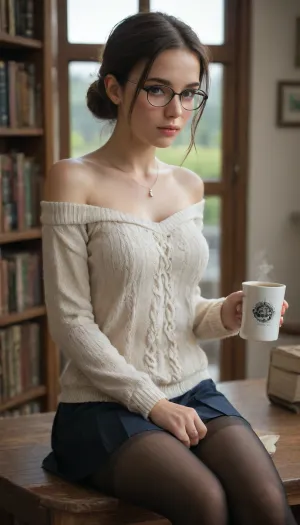 A tall, slender senior student, confident, adult, with a slight intellectual audacity in the look. She wears a soft cream sweater with open shoulders, a short dark pleated skirt and translucent black tights. Hair slightly disheveled after a long day in the library, a few strands fall on the face. Thin metal-rimmed glasses emphasize expressive eyes and add to the image of attractive severity.
She sits by the window of the university cafe with a book in her hands, slowly running a finger along the edge of a cup of coffee. A thin silver chain is around her neck, and a slight gloss on her lips. Her posture combines relaxation and a hidden confidence in her own attractiveness. The atmosphere of warm evening light makes the image both cozy, intellectual, and seductive.