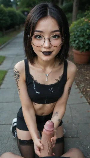 Petite gothic girl, (asian:2), (((black lipstick))), slim body, full body tattoo, (((round glasses))), (perfect glasses), (21 years girl), (slender girl), cute girl, pretty girl, super cute face, pale skin, eyeliner, (((black lips))), very smiling, perfect eyes, view full body, (in park on night), smiling, square cut, dark hair, ((straight hair)), green eyes, (necklace), (lace top), (((black top))), (short skirt), ((black stocking)), black sneakers, Sweaty, highly detailed, Hd, 4k professional photography, (kneeling), pov, handjob, view from above, (cum on face), (cum on clothes)