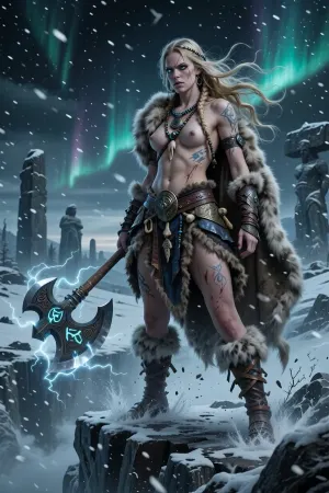 A fierce female zealot barbarian inspired by Norse mythology, standing atop a frozen cliff during a raging winter storm.

She is tall and powerfully built, with pale skin marked by old battle scars and ritual tattoos glowing faintly with divine power. Her long blonde hair is braided with iron rings, beads, and strands of fur, whipping violently in the wind. Her cold blue eyes burn with fanatic conviction and barely restrained fury.

She wears layered furs, weathered leather, and fragments of ancient bronze and iron armor taken from fallen warriors. A heavy wolfskin cloak hangs from her shoulders. Around her neck rests a collection of carved runes and bone charms dedicated to forgotten gods.

She wields a massive two-handed axe etched with glowing runic inscriptions. Divine energy crackles around the weapon like pale lightning. Snow and ash swirl around her feet as if the storm itself answers her rage.

In the distant background, enormous stone monoliths and broken statues of ancient gods rise from the snowy landscape beneath a dark northern sky filled with aurora light.

The atmosphere feels mythic, brutal, and sacred — a warrior chosen by the gods to die gloriously in battle and rise again.

Cinematic dark fantasy illustration, realistic textures, dramatic nordic lighting, atmospheric snowstorm, detailed armor and furs, powerful stance, painterly realism, high detail, epic composition