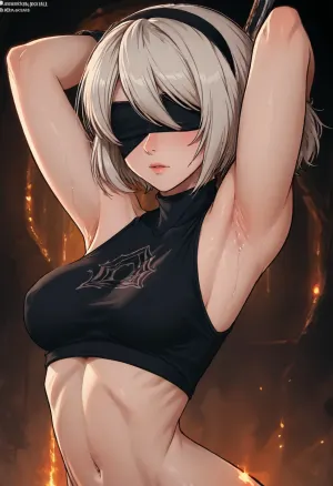 (Markgavatino meets Neocoill style), Cutesexyrobutts style, Cel-shaded, inked lineart, limited color palette, masterpiece, 2b from nier automata, blindfold, (armpit fetish, armpit focus, (extremely detailed armpit:1.5), sweaty armpit), side view, <lora:mk_Bp Anime_xl:1.2>, <lora:lineartSDXL:2>, <lora:EnvyBeautyXL01:2>, <lora:nier2b_agnxl4:.8>