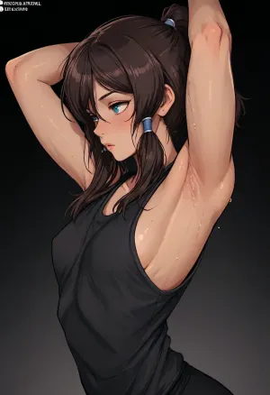 (Markgavatino meets Neocoill style), Cutesexyrobutts style, Cel-shaded, inked lineart, limited color palette, masterpiece, korra, dark skin, muscular, (armpit fetish, armpit focus, (extremely detailed armpit:1.5), sweaty armpit), side view, <lora:mk_Bp Anime_xl:1.2>, <lora:lineartSDXL:2>, <lora:EnvyBeautyXL01:2>