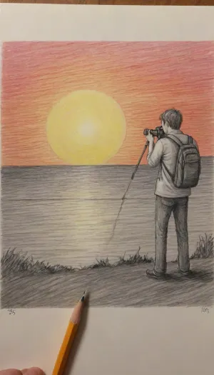A photographer takes a sunset photo on an island. The style is a colored pencil sketch., (Pencil_Sketch:1.2), (texture), <lora:crayons_v1_sdxl:.8>, messy, lines, greyscale, traditional, media, unfinished, hatching, <lora:Anime_Sketch_SDXL:.8>