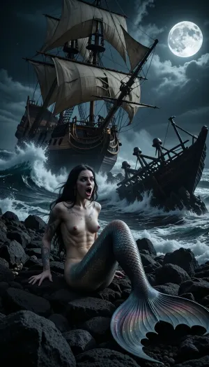 A dark Gothic masterpiece medium close-up photographecapturing a hauntingly beautiful and terrifying scene. A majestic mermaid with pale skin, long dark hair, and fascinating blue eyes is perched on a jagged black volcanic reef during a violent night storm under the eerie, intense glow of a full moon. Her mouth is open in a powerful, seductive, and chilling siren song. In the immediate background, a massive 19th-century wooden gothic ship is actively crashing and splintering against the sharp rocks, its sails torn by the tempest, colliding with a dark, skeletal shipwreck already trapped in the reef. Explosive white ocean foam and giant, crashing waves slam against the rocks, caught in sharp focus under the dramatic moonlight. Deep, high-contrast shadows, rich dark textures, and a stormy, tempestuous atmosphere. Flawless anatomy of the creature's human torso and detailed, iridescent fish tail. Sharp focus on her expressive, frightening face, high-quality cinematic texture, heavy atmosphere, shot on 35mm film with sharp detail and deep black.