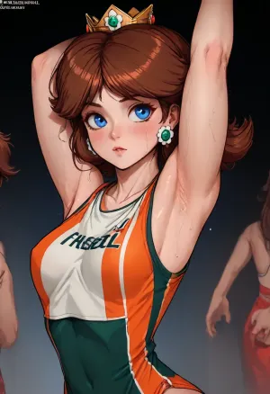 (Markgavatino meets Neocoill style), Cutesexyrobutts style, Cel-shaded, inked lineart, limited color palette, masterpiece, princess daisy, sport outfit, (armpit fetish, armpit focus, (extremely detailed armpit:1.5), sweaty armpit), side view, <lora:mk_Bp Anime_xl:1.2>, <lora:lineartSDXL:2>, <lora:EnvyBeautyXL01:2>