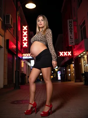 32-year-old pregnant milf is wearing a leopard pattern blouse, black skirt, and red high heel shoes. she is standing under a street light in a red light district. night time, sex signs everywhere, xxx porn signs, xxx hotel signs.