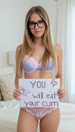 skinny girl with glasses, long blond Hair, cute bra and panties, upper Body only, Holding a sign With the words "YOU will eat your cum", looking at viewer, "YOU will eat your cum"
