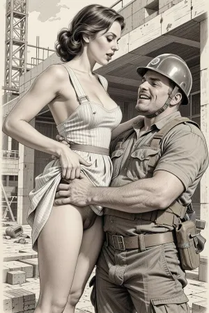 This is is a detailed monochromatic pencil drawing in a classical illustrative style depicts a scene set Beautiful sexy brown elegant hairstyle mother stands leaning over in a building under construction, wearing in summer dress, married woman, the hem of the dress is pulled up, hairy woman's pubic, fully clothed very ugly lustful fat construction worker in a combat zone and a construction helmet who holds her by the hips, looking up, seductive face, lustful mocking smile on man's ugly face, The overall mood is intense, rendered in fine, expressive line work and subtle shading, evoking the style of 1950s satirical or moralistic illustrations.