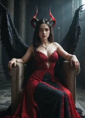 Majestic demon queen Lilith, long flowing dark hair, elegant black curved horns, glowing crimson eyes, wearing a dress made of shadows and obsidian jewelry, large black feathered wings, sitting on a dark stone throne, underworld background, cinematic lighting, dark fantasy art, highly detailed, 8k resolution.