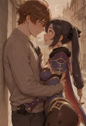 side view, 1boy 1 girl, fully clothed, Mona Megistus from the Genshin Impact series, blushing, surprised, small breasts, at sidewalk, wholesome, happy, date, mona megistus clothes, crying happily, happy couple, cuddling, <lora:Terasu_mc_XL:2>