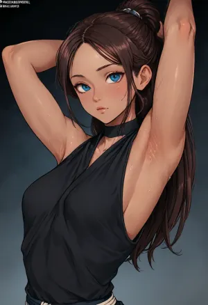(Markgavatino meets Neocoill style), Cutesexyrobutts style, Cel-shaded, inked lineart, limited color palette, masterpiece, katara, dark skin, (armpit fetish, armpit focus, (extremely detailed armpit:1.5), sweaty armpit), side view, <lora:mk_Bp Anime_xl:1.2>, <lora:lineartSDXL:2>, <lora:EnvyBeautyXL01:2>