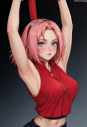 (Markgavatino meets Neocoill style), Cutesexyrobutts style, Cel-shaded, inked lineart, limited color palette, masterpiece, (haruno_sakura, naruto, character outfit, red shirt), (armpit fetish, armpit focus, (extremely detailed armpit:1.5), sweaty armpit, glistening armpit), dynamic pose, side view, <lora:mk_Bp Anime_xl:1.2>, <lora:lineartSDXL:2>, <lora:EnvyBeautyXL01:2>