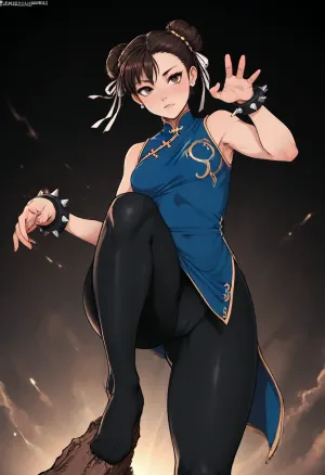 (Markgavatino meets Neocoill style), Cutesexyrobutts style, Cel-shaded, inked lineart, limited color palette, masterpiece, chun li, Chinese dress, ((leggings fetish:1.5), thick thighs, leg focus, cameltoe), dynamic pose, dynamic lighting, <lora:mk_Bp Anime_xl:1.2>, <lora:lineartSDXL:2>, <lora:EnvyBeautyXL01:2>