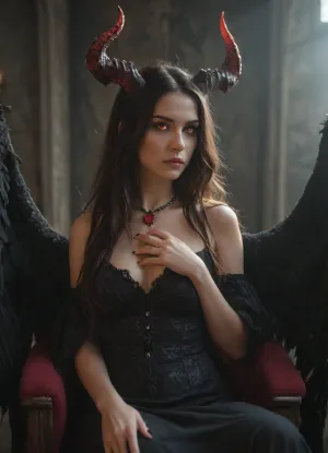 Majestic demon queen Lilith, long flowing dark hair, elegant black curved horns, glowing crimson eyes, wearing a dress made of shadows and obsidian jewelry, large black feathered wings, sitting on a dark stone throne, underworld background, cinematic lighting, dark fantasy art, highly detailed, 8k resolution., Close-up portrait of the demon Lilith, captivating and intense gaze, subtle black scales on her cheekbones, sharp black fingernails, dark makeup, smoky background with faint occult symbols, moody lighting, chiascuro photography, 35mm lens, realistic.