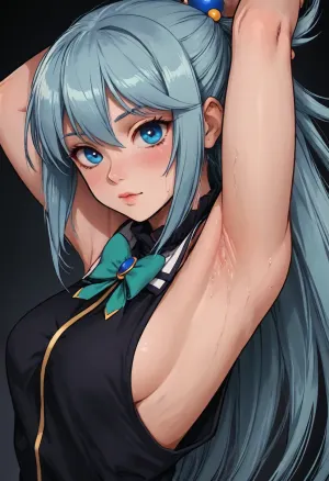 (Markgavatino meets Neocoill style), Cutesexyrobutts style, Cel-shaded, inked lineart, limited color palette, masterpiece, aqua from konosuba, (armpit fetish, armpit focus, (extremely detailed armpit:1.5), sweaty armpit), side view, <lora:mk_Bp Anime_xl:1.2>, <lora:lineartSDXL:2>, <lora:EnvyBeautyXL01:2>