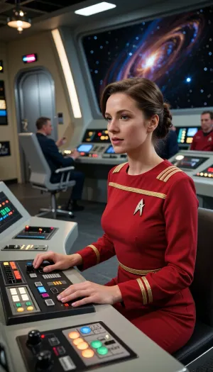 A high-resolution, photorealistic candid photograph focusing on a beautiful, accurately rendered human female Starfleet officer, communications specialist. She is seated at her detailed communications console station on the busy Star Trek, The Original Series Enterprise NCC-1701 bridge. She wears an impeccable red uniform dress with accurate gold braiding and the official assignment patch. Her posture is natural and engaged, her two accurately proportioned human hands, with all fingers correctly formed and articulated, are actively operating the console's buttons and sliders. Her anatomy, including her neck, shoulders, and seated profile, is anatomically precise and free from distortion. She is looking slightly left, her face clearly showing natural features and a professional bouffant hairstyle. The intricate, colorful console with its flashing lights is sharply detailed. In the background, the bustling bridge, including the blurred captain's chair, other crew members, (in sharp focus where visible), the iconic curved turbolift doors, and the massive VIEWPORT showing deep space with swirling nebulae and stars, are all perfectly rendered. Shot on realistic film with visible grain, natural cinematic lighting from the bridge displays, soft focus on the surroundings, sharp focus on the woman and her console. Shallow depth of field, wide-angle lens, 8k ultra-detailed, photorealistic, authentic 1960s production value. Perfect anatomical correctness and detail.