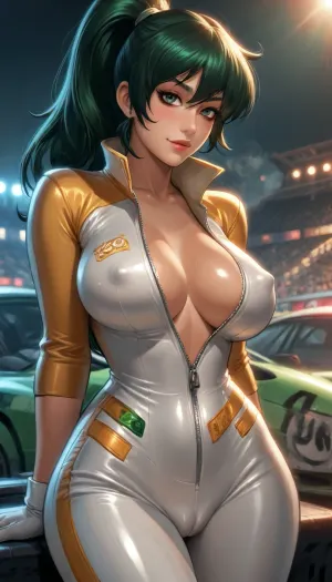 ((reiq style)), from head to thighs, beautiful woman, shego, pale skin, high ponytail, gorgeous, masterpiece, close up, (sexy pose), sweat, eyes looking at viewer, smile, blushing, 1girl, at racing track, (strong sunlight), long hair, mid parted hair, brown tan skin, (wearing yellow vinyl racing suit, partly unzipped:1.3), (camel-toe:1.2), erect nipples, (big breasts), (intense blushing), steam, solo