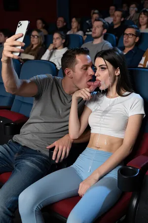 score_9, score_8_up, score_7_up, absurd_res, hi_res, average guy wearing casual clothes sitting on chair in a crowded movie_theater, (1m80 tall and extreme skinny bony model girl with vivid black eyes sitting on the next chair:1.5), the man is selfie filming with the celular the girl during the blowjob and facial and he is pointing to the blowjob on the selfie, (the anorexic slender girlfriend is wearing tight track shirt and tight light blue leggings), the man roughly pushes the girl's cum splattered head on his penis, her cum filled head is on to the man's lap for a perfect deepthroat blowjob, she is concentrate on the blowjob, stealth_sex, stealth blowjob sex, hidden blowjob sex, secret blowjob sex, party shirt, the girl's looks shy, pleasuring, exhausted, rolling_eyes, the girl is sucking his dick trying to not get discovered, detailed face, intricate details, hyperdetailed, very aesthetic, motion_lines