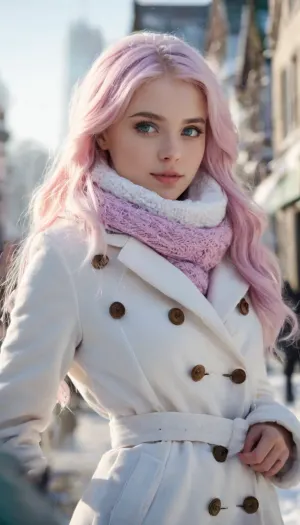 score_9, score_8_up, score_7_up, masterpiece, best quality, ultra-detailed, photorealistic, highres, 1girl, 19 years old ethereal beauty named Aurora Lune, long flowing platinum pink hair, heterochromia one blue one purple eye, perfect doll-like face, huge breasts, tiny waist, enormous round ass, wearing elegant white winter coat, scarf, tight jeans and boots, standing gracefully on snowy street, soft smile, winter city background, soft natural daylight