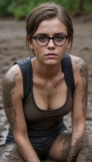 photo of tv_actress_Maisie_Malone plump 21 yo woman with punk haircut, glasses, unzipped jacket, tank top, sitting in sticky mud. she is covered completely with sticky mud, face is covered completely with sticky mud, glasses are covered completely with sticky mud, hair covered completely with sticky mud

Highly detailed beautiful expressive eyes. Photorealistic, Natural atmospheric lighting, intricate details, 35mm photograph, film, professional, 4k visuals, highly detailed, elegant, deep sticky mud in a wamp forest