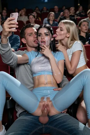 score_9, score_8_up, score_7_up, absurd_res, hi_res, average guy wearing casual clothes sitting on chair in a crowded movie_theater, (a 1m80 tall and extreme skinny bony model girl with vivid black eyes sitting on the man's lap with her spread legs in front and she is looking ahegao with her face covered in excessive amounts on realistic semi-transparent cum:1.5), the man is selfie filming the girl's cum covered head, (the anorexic slender girlfriend is wearing tight track shirt and tight light blue leggings, her legs spread wide open, excessice cum on the crotch and on her leggings:1.5), her cum splattered head is being licked of her face of another extremely skinny tall blonde beauty sitting next to her, (excessive amounts of realistic semi-transparent cum in her hair and on her face and on her leggings:1.5), the girl's looks ahegao, pleasuring, exhausted, rolling_eyes, the girl is sucking his dick trying to not get discovered, detailed face, intricate details, hyperdetailed, very aesthetic, motion_lines