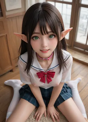 18yo, Adult female elf college student, petite elf girl, black hair, straight hair, High angle view, spread leg kneeling, submissive girl sitting on her knee, semi-shiny skin, begging eye, big boobs, pink nipples, wear pink collar, innocent eyes gazing up with innocent smile, medium pert breasts, green eyes, transparent school uniform, see through school uniform, transparent school miniskirt, see through school miniskirt, happy smile show her rabbit teeth.