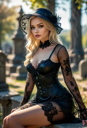 very beautiful 20 year old woman, little caprice, full portrait of young beautiful blonde widow Elsa Jean sitting on a bench outside in a cemetery near a cemetery monument, she dabs her eye with a handkerchief, platinum blonde hair, gigantic breasts, tiny narrow waist, legs and feet spread wide to expose shaved pussy, she is wearing a long sleeved intricate black lace widow dress, widow hat, black transparent veil, garter belt, stockings, very high stiletto heel shoes with ankle straps, front view, upskirt shot, looking away, middle distance, HDR photo, best quality, ultra-detailed, masterpiece, finely detail, highres, 8k, photorealistic, perfect illumination, best shadow, best shot, soft lighting, perfect fingers, ((Ultimate realistic photo details)), (((dynamic sexy pose))), (((bright sunlight))), ohwx, <lora:DetailedEyes_V3:2>, <lora:MJ52:.9>, <lora:SDXLFaeTastic2400:1.9>, <lora:LittleCaprice_SDXL_v1.0:2>