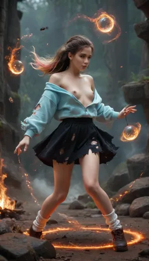 (Cinematic), Japanese tiny model of 18 years old, beautiful extacy face, witch charactor, pink nipples, slim legs, hn tanuki, loli_child, freckles, pretty face, innocent look, childlike proportions, flat chested, small breasts, petite, tiny, short, chibi, pastel streak hair, (oversized hoodie offshoulder), pleats skirt, (She was attacked by magic from another witch and her clothes is tattered torn:1.2), (her clothes jagged and ripped), (skin peeks through the gaps in the torn clothing:1.3), flying using magical power while riding a big magic circle, looking her breast of E-cups, very long straight hair, high-ponytail, white panty, loose socks, black shoes, lift up skirt, battlefield of magic fantasy world, duel, magical, fire, magic, spell, fireball, element, water, ball, orb, air, wind, earth, rock, plant, sand, extreme realism, <lora:tornclothesv6-8:2>, <lora:ClearHand-V2:.9>, <lora:Wizards__Mages:1.4>, <lora:Magical duel - SDXL v2.0:.4>