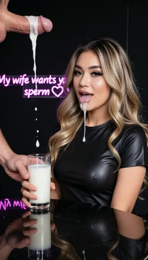 Simple Background, Bust Shot, 2 People, sylphlike and shy but sexy asian woman with long wavy blond hair in plain black latex t-shirt is sitting at the table with polished reflective surface, perfect make-up with dark mascara eyes and fake lashes, mouth full of cum, she holds in her hand drinking glass half filled with milk, man opposite to the woman over the table is masturbating his big penis with his hand ejaculating big load of sperm into her drinking glass, side view, she smiles watching at his cozy big penis, (the tip of man's big penis is located directly above her drinking glass and his sperm flows directly down into the soy sauce:1.4), (only one man's big penis is in frame:1.3), only one man and only one woman are in frame, only one drinking glass is in frame, woman's face is in frame, man's face is not in frame, (sperm from man's big penis flows down into the drinking glass with milk:1.4), simple black background, reflections in the polished table, we can see in the background this all visible neon text "My wife wants your sperm ❤️".