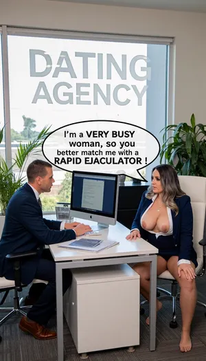 In a pretentious looking office a man and a woman sit either side of a modern looking desk by a large window. Big Sign etched on the window says “DATING AGENCY”. The office is plush carpeted, with occasional large pot plants. At the desk the man is typing into his computer while interviewing the lady opposite. The woman is a big BBW, 50 yo, with an extremely large bust. sHe is a harsh looking officious woman in a tight dark blue suit, tight short skirt, white blouse overflowing with her big soft bosom, dark brown hair streaked with grey in a wavy style, jewellery. Big speech bubble “I’m a VERY BUSY woman, so you better match me with a RAPID EJACULATOR !”